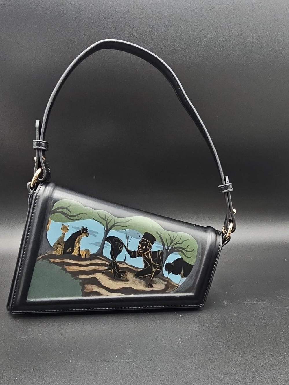 Urban Expressions Black Hand-Painted Shoulder Bag with Multicolor Scene